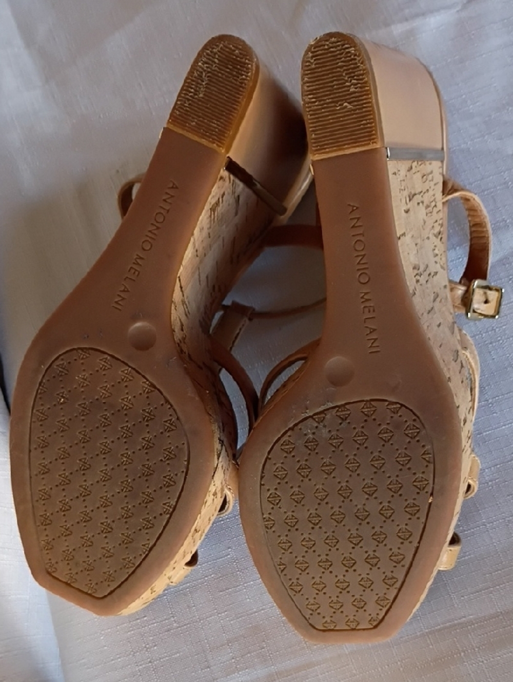 ANTONIO MELANI Beige Tan Strappy Cork Wedge Sandals - Picture 5 of 10